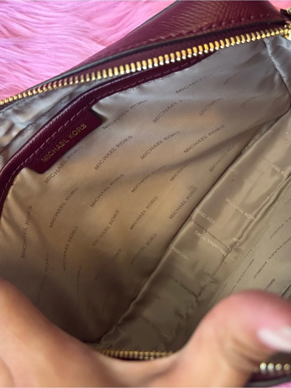 Michael Kors Jet Set Large Burgundy Saffiano Leather Crossbody Bag Gold Chain